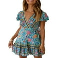 thumbnail image 1 of MesaSe Robe Bohème pour Femmes Motif Floral Manches Courtes Col en V Profond Design Taille Robe Courte Plissée Ample pour Vacances à la Plage, 1 of 6