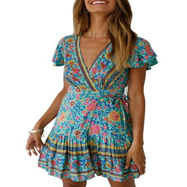 MesaSe Robe Bohème pour Femmes Motif Floral Manches Courtes Col en V Profond Design Taille Robe Courte Plissée Ample pour Vacances à la Plage