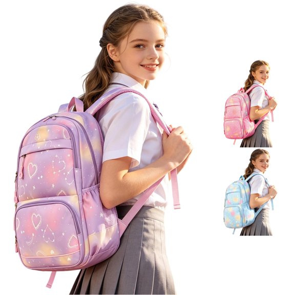 WAYUTE Kids Backpack Back to School Lightweight Large Capacity Cartoon Print Zip Up Backpacks for Girl Fashionable Bookbag Casual Outdoor Travel