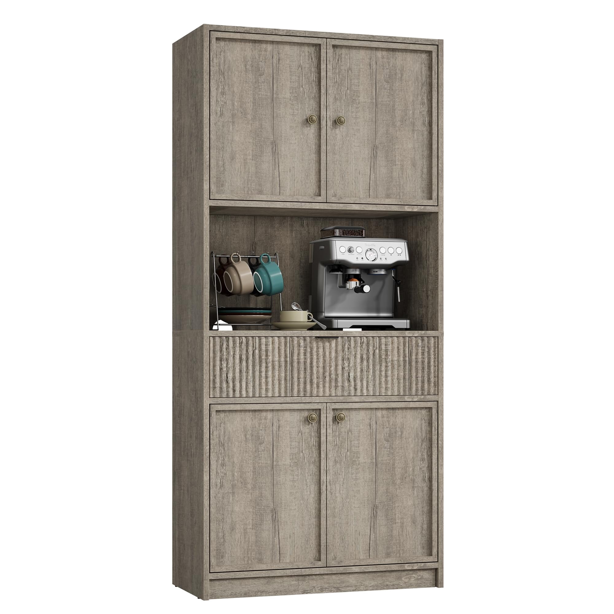 Danolapsi 70" Tall Pantry Cabinet, Kitchen Hutch Storage Cabinet with Countertop for Microwave, Fluted Pantry Storage Cabinets with Drawer, Freestanding Cupboard for Dining Room, Living Room