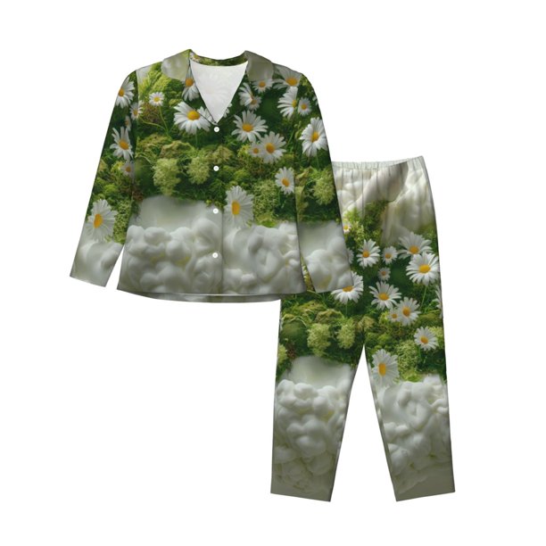 Fotbe Nature Hand Daisies Art Conjunto de Pijama de Manga Larga para Mujer con Estampado, Ropa de Dormir de 2 Piezas, Conjunto de Casa Suave y Cómodo con Bolsillos-Medium