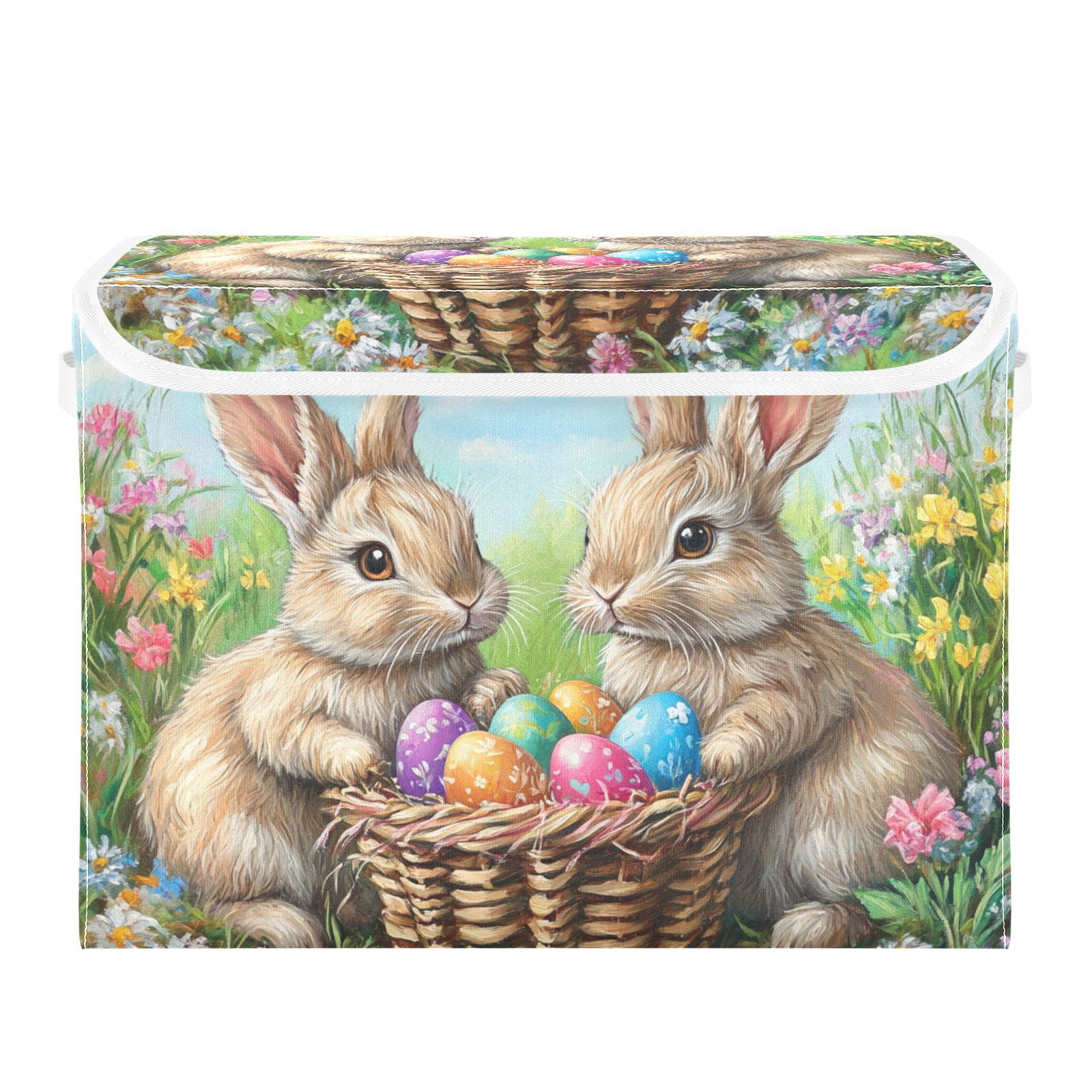 Easter Eggs and Rabbits Storage Basket for Shelves Foldable Container Organizer for Organizing Toys Clothes Books with Handles