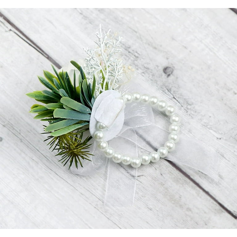  4 Pieces Elastic Pearl Wrist Bands Wristlets Corsage  Accessories and 15 Pairs Floral Boutonniere Magnets Corsage Brooches Magnets  with 2 Rolls Green Floral Tape for Handmade Wedding Bride Boutonnieres