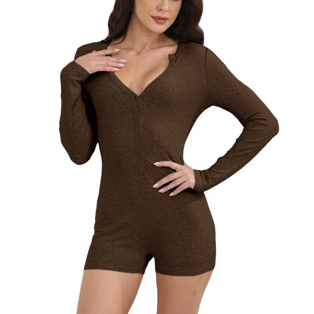 YFELWZ Ensemble de Pyjama Bodycon pour Femmes Grande Taille Printemps Aguichant Col en V Manches Courtes Marron L
