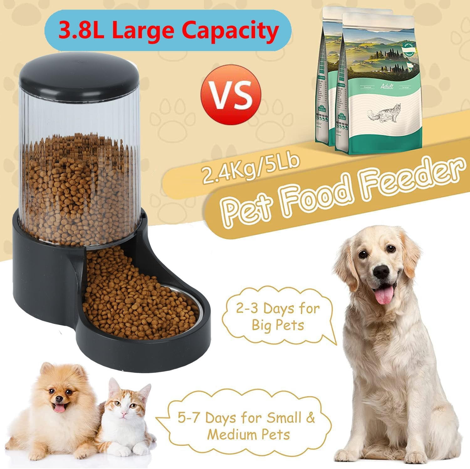 Automatic Cat Feeder, 3.8L Large Gravity Cat Food Dispenser with Detachable Top Lid, Visible Bottle and Stainless Steel Bowl for Pets (Full Black)