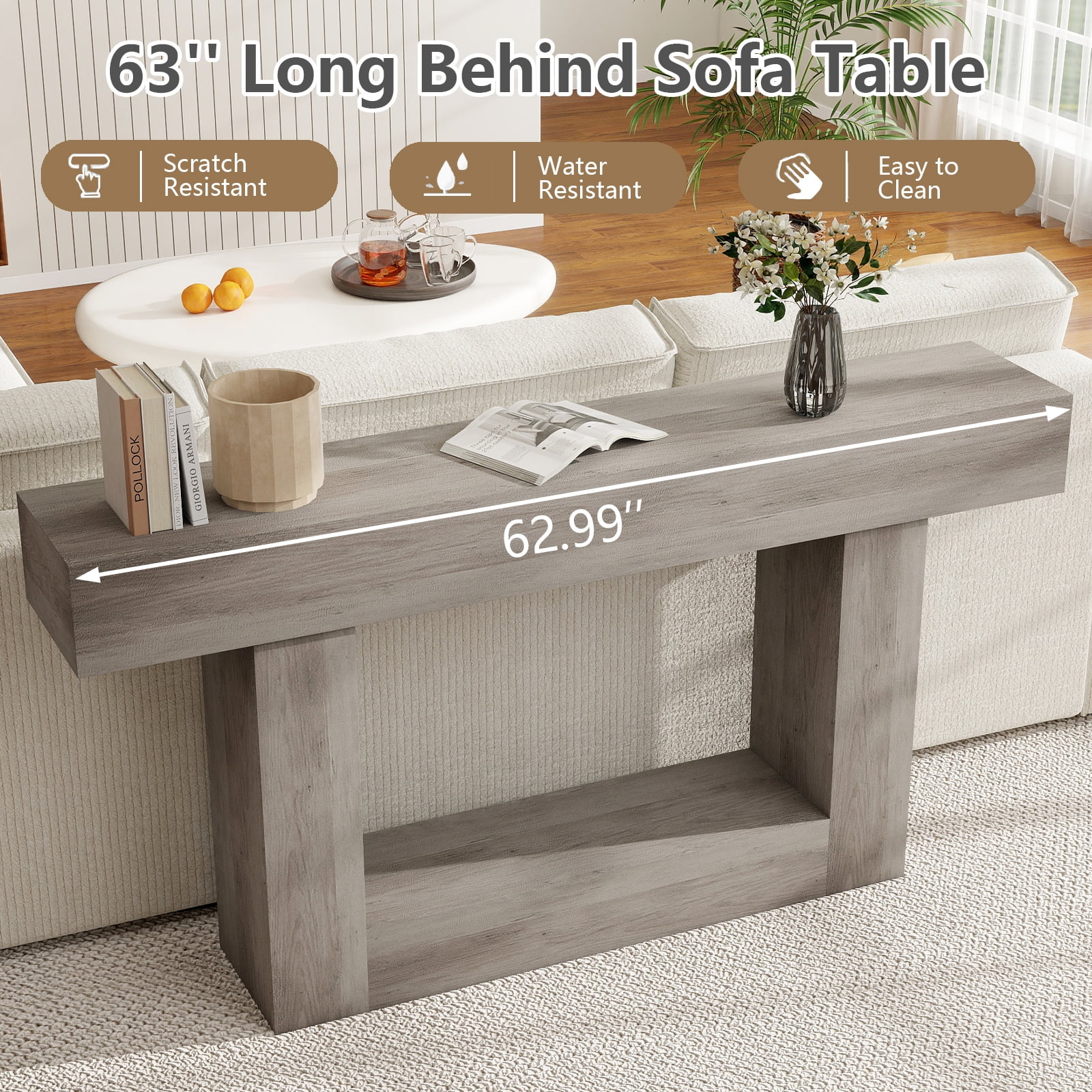 Demi Bonn 63" Wood Console Table, Farmhouse 2-Tier Sofa Table Entryway Table, Foyer Display Table, Gray