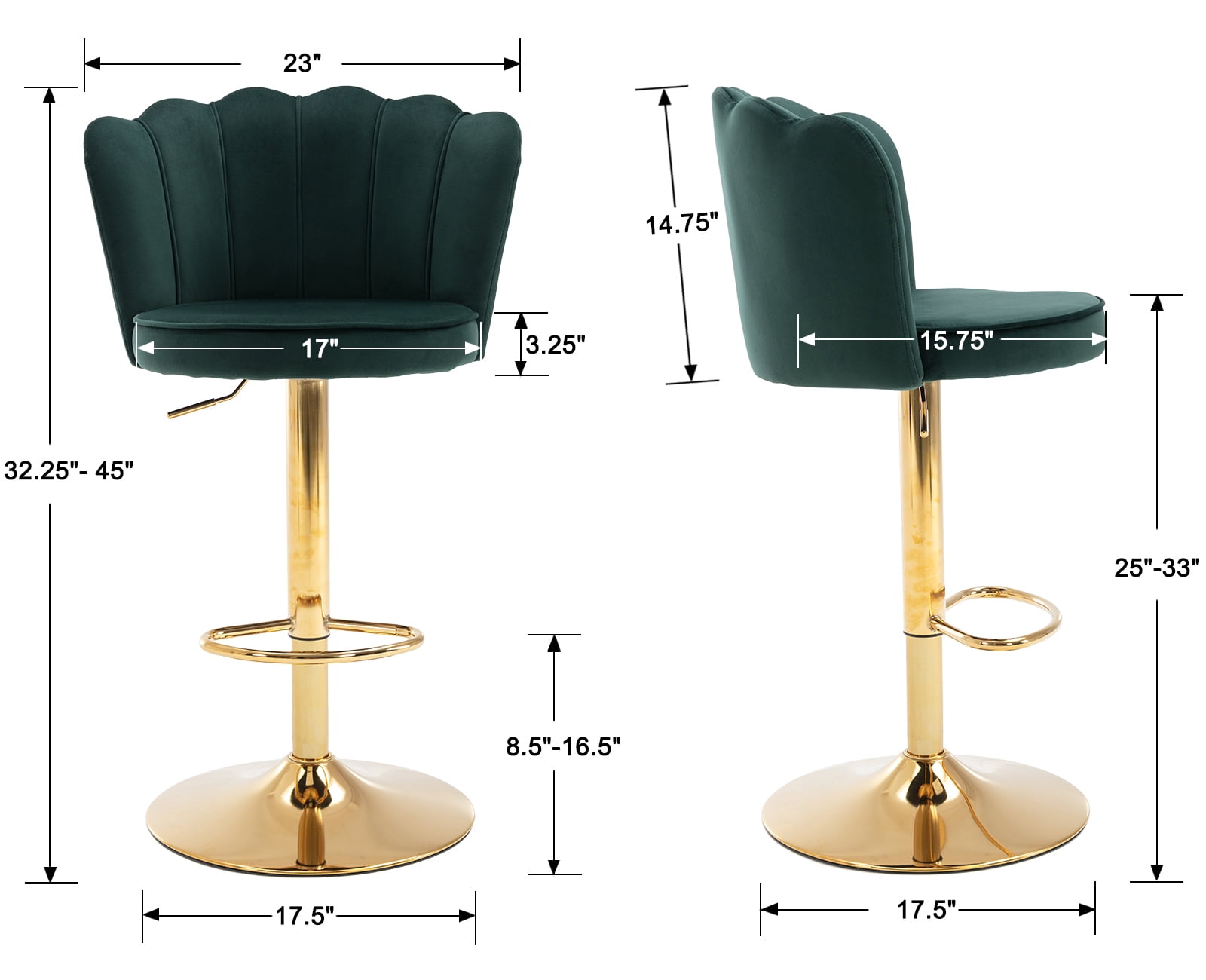Guyou Swivel Adjustable Bar Stools Set of 2, Velvet Counter Height Barstools with Petal Back and Gold Footrest, Modern Counter Bar Height Stool Chairs for Kitchen Island Bar Cafe, Dark Green