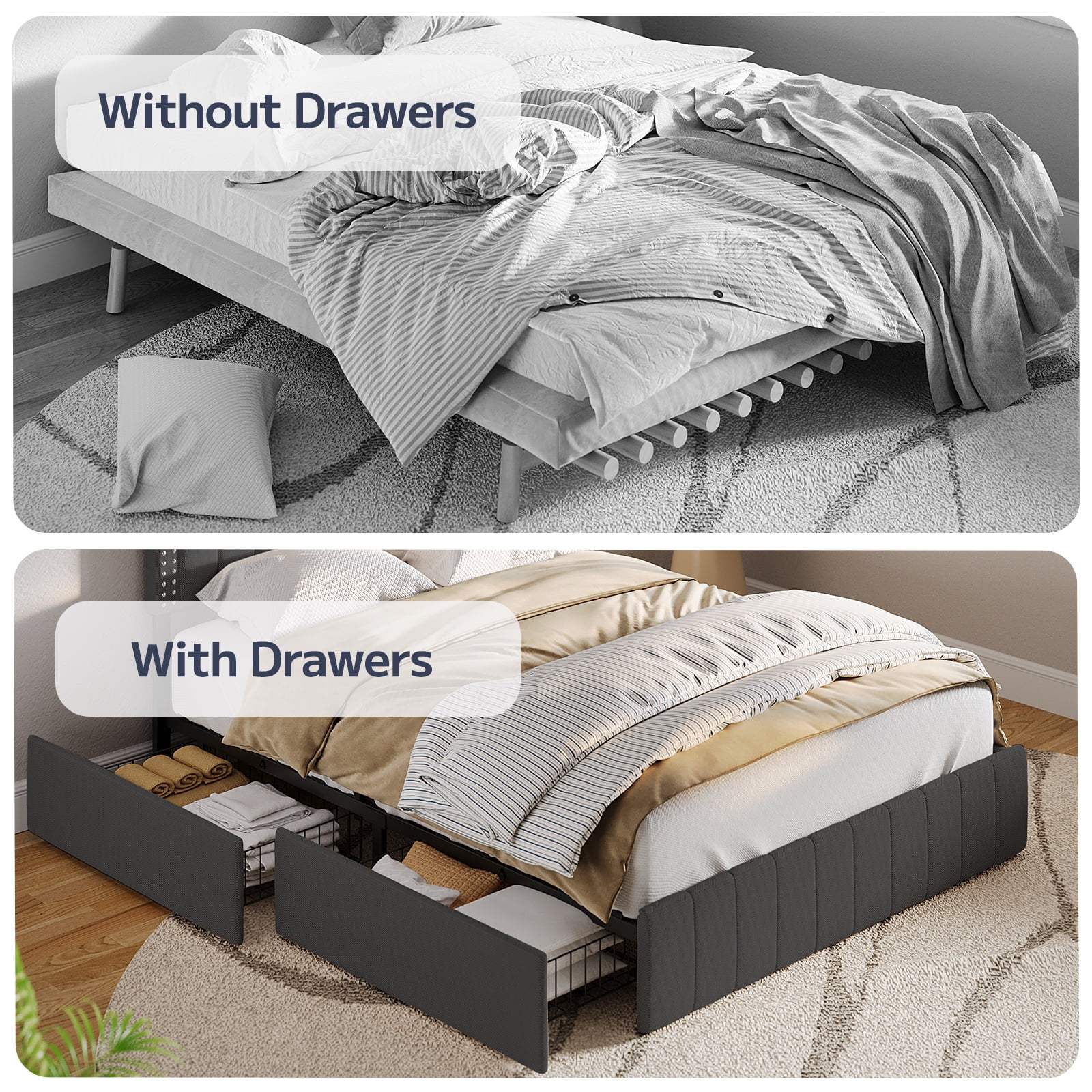 Bedroom Furniture Set: Queen Bed with 4 Drawers, 5-Drawer Dresser & 6-Drawer Dresser and 2 Nightstands, Black