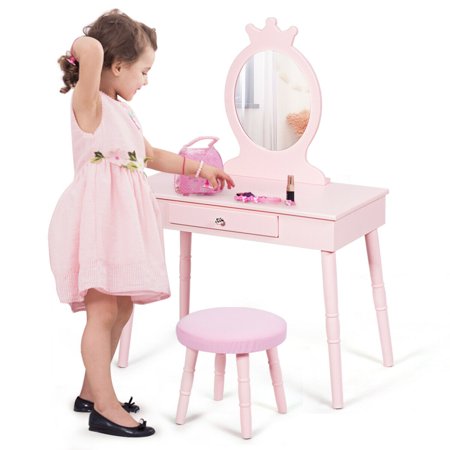 Gymax Kids Vanity Makeup Table Chair Set Make Up Stool Play Set For Children Pink Walmart Canada