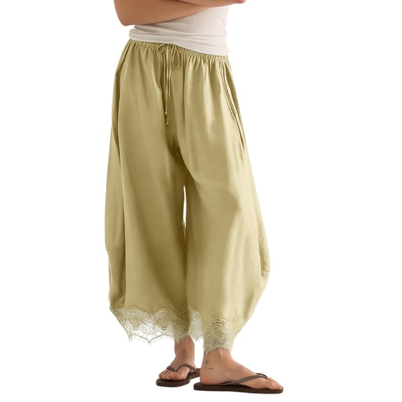 Lentta Women's Boho Wide Leg Pants Cropped Lace Hem Elastic Waist Trousers with Pockets