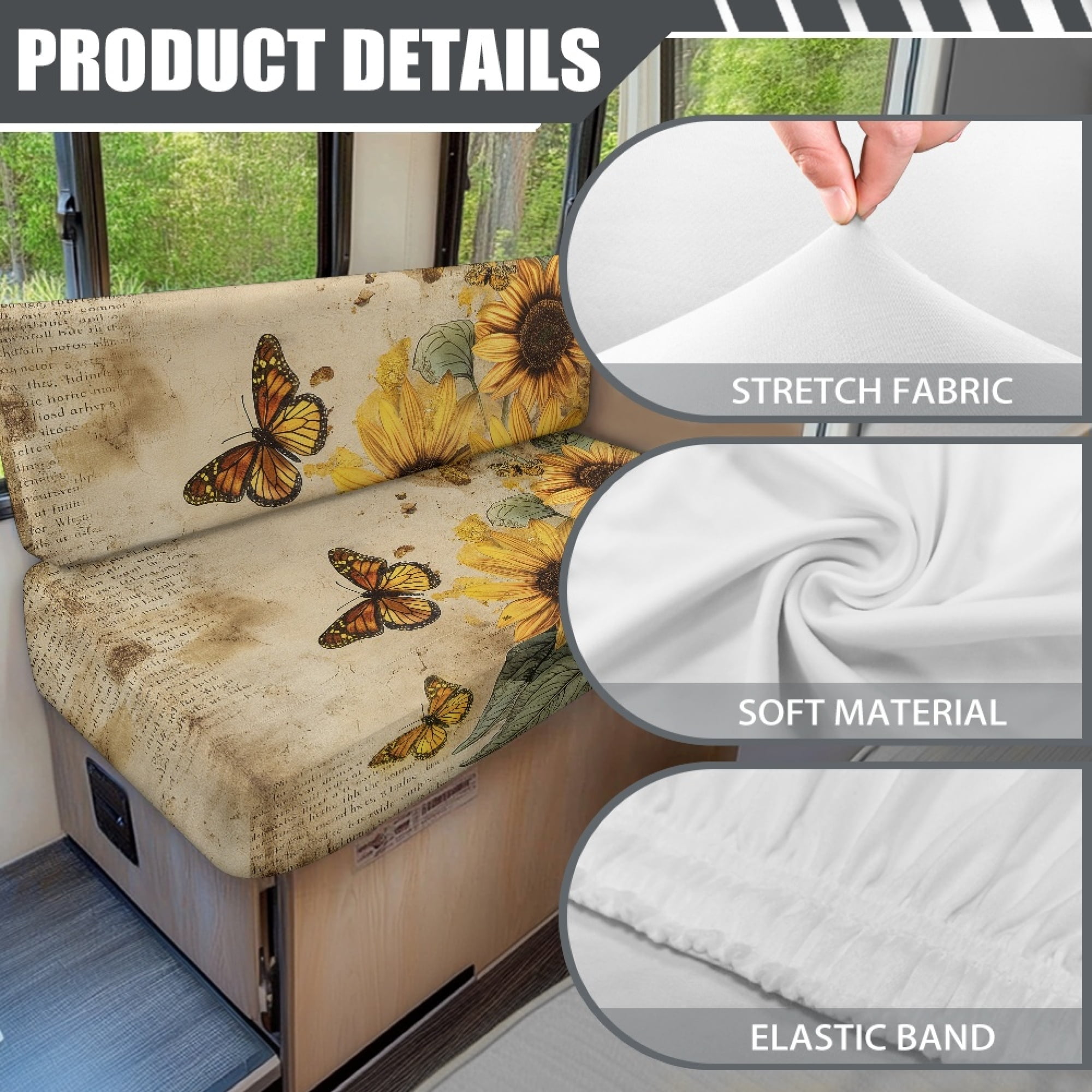Yuyamidu Butterfly RV Dinette Cushion Slipcover Sunflower RV Couch Covers for Sofa Washable RV Dinette Seat Covers Camper RV Sofa Cushions RV Accessory