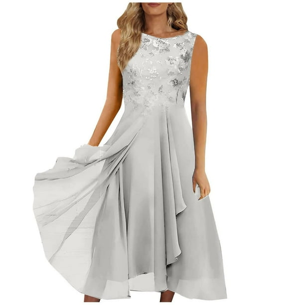 Gibobby Vestidos largos de fiesta Vestido largo de falda larga con estampado de lentejuelas y cuello redondo de retazos de gasa para mujer(Gris,G)