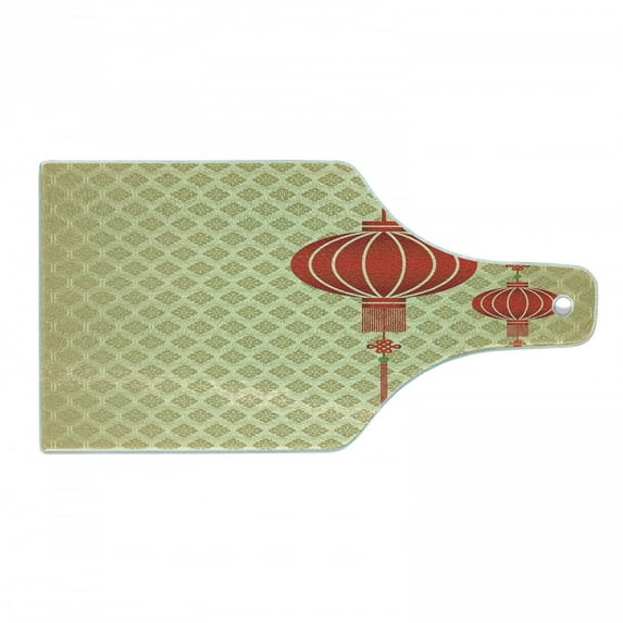 Lantern Cutting Board, Lanterns with Baroque Repeating Pattern Background New Year Celebration Art, Tempered Glass Cutting and Serving Board, Wine Bottle Shape, Earth Yellow Red, by Ambesonne