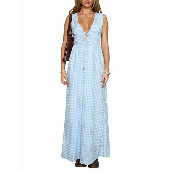 Women V Neck Maxi Dress Boho Flowy Long Dress Floral Loose Fit Summer Sundress Y2K Going Out Beach Dresses Light Blue M