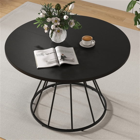 Black 47 Inch Round Dining Table for 4 6 People Hourglass Metal Base Curved Tabletop