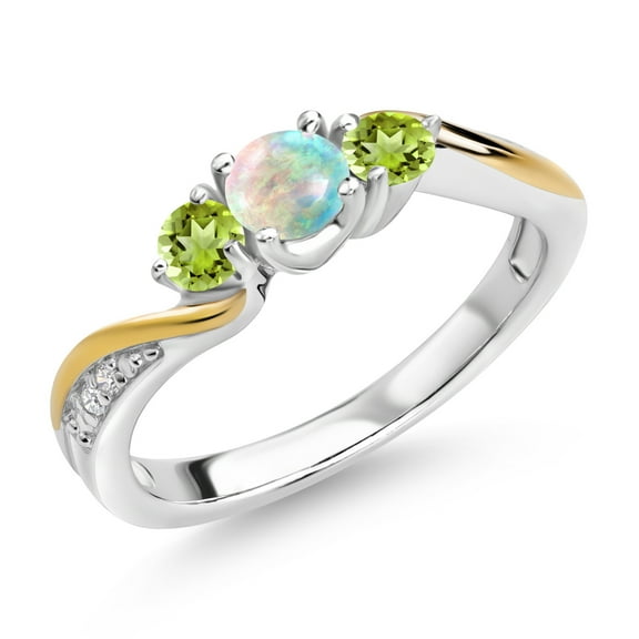 Gem Stone King 925 Silver and 10K Yellow Gold White Simulated Opal Green Peridot and White Lab Grown Diamond 3 Stone Engagement Ring for Women 0.52 Cttw, October Birthstone (Size 7)