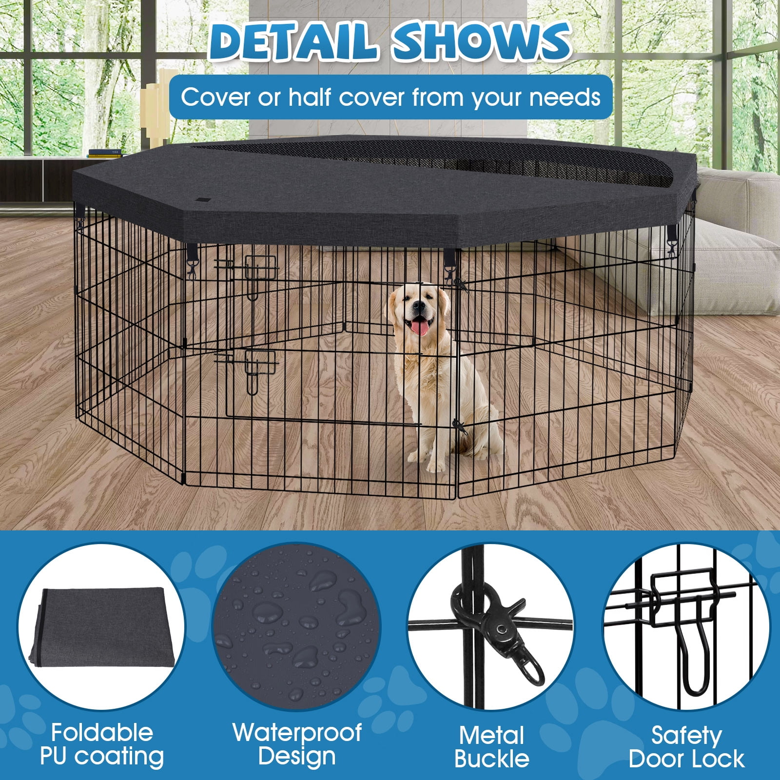 Artmalle Dog Pen Pet Playpen Dog Fence Indoor Foldable Metal Wire Exercise Puppy Play Yard Pet Enclosure Indoor Outdoor 8 Panels 24 Inch with Top Cover