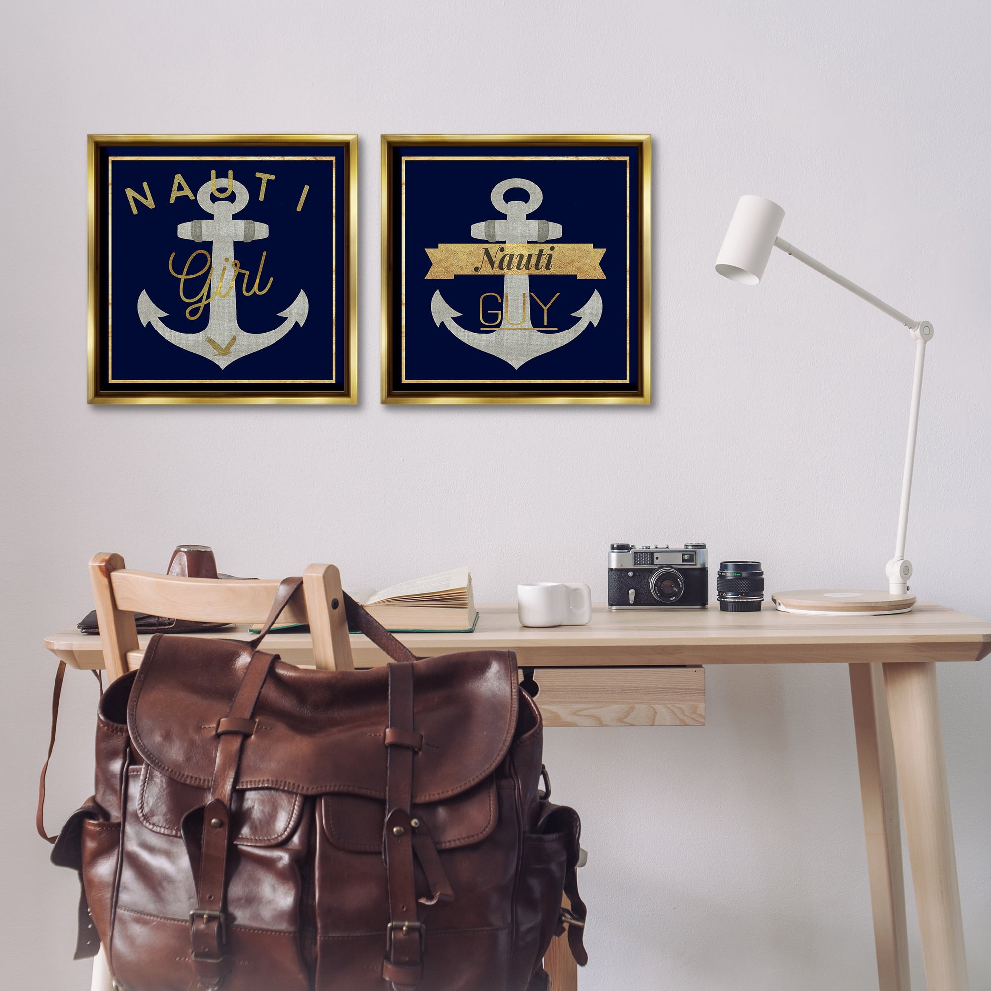 Stupell Industries Nauti Girl & Guy Anchors Nautical & Beach Painting Gold Floater Framed Canvas Art Print Wall Art, 18 x 18, Set of 2