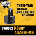 thumbnail image 2 of Batería de repuesto VANON DW9062, 9,6 V, 4,8 Ah, Ni-MH, paquete de 2, 2 of 9