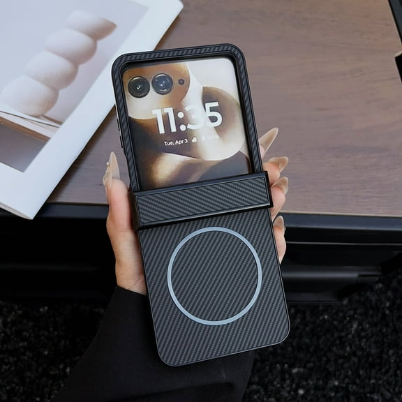 Decase Carbon Fiber Texture Magnetic Case for Motorola Razr 2024,Fashion PU Leather Flip Hybrid Hard Cover,Shockproof Protection,Anti-Fingerprint & Wireless Charging,Razr 2025/2024 Case,Black