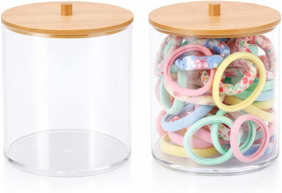 RGHJAR-2Packs Scrunchie Organizers HolderHair Accessories Organizer with Wooden Lid,Acrylic Hair Tie Clip for Bathroom Storage Organizer & Beauty Supplies(Clear)