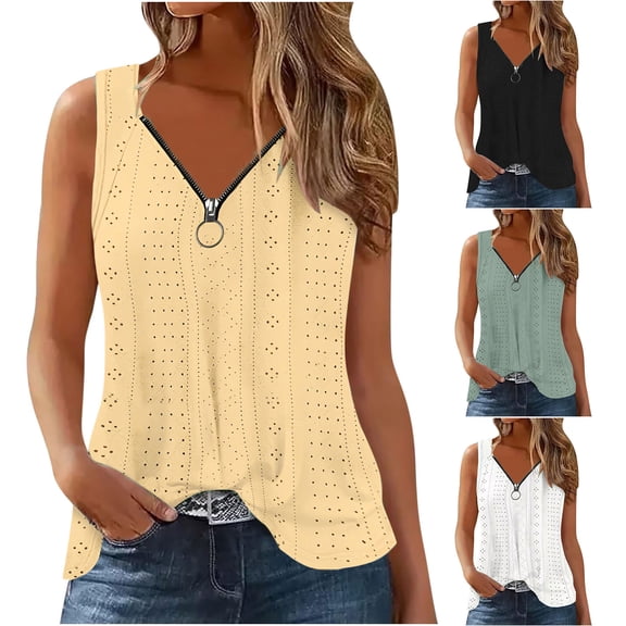 YHAJDS Women Tank Tops Solid Color V Neck Zip Up Sleeveles Shirts Sleeveless Tops