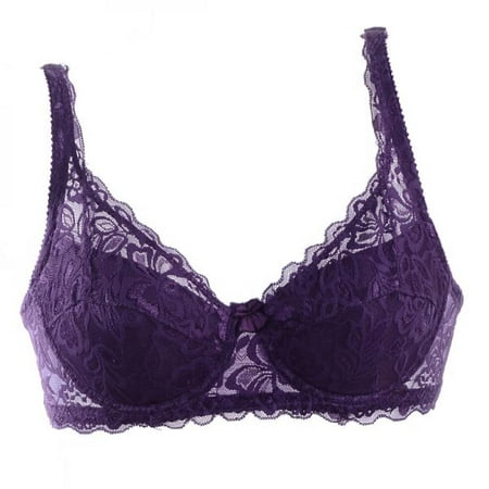 

Sales Promotion!Women Underwear Brand Lace Minimizer Padded Lace Sheer Push Up Bra B Cup Dark Purple 90B/40B