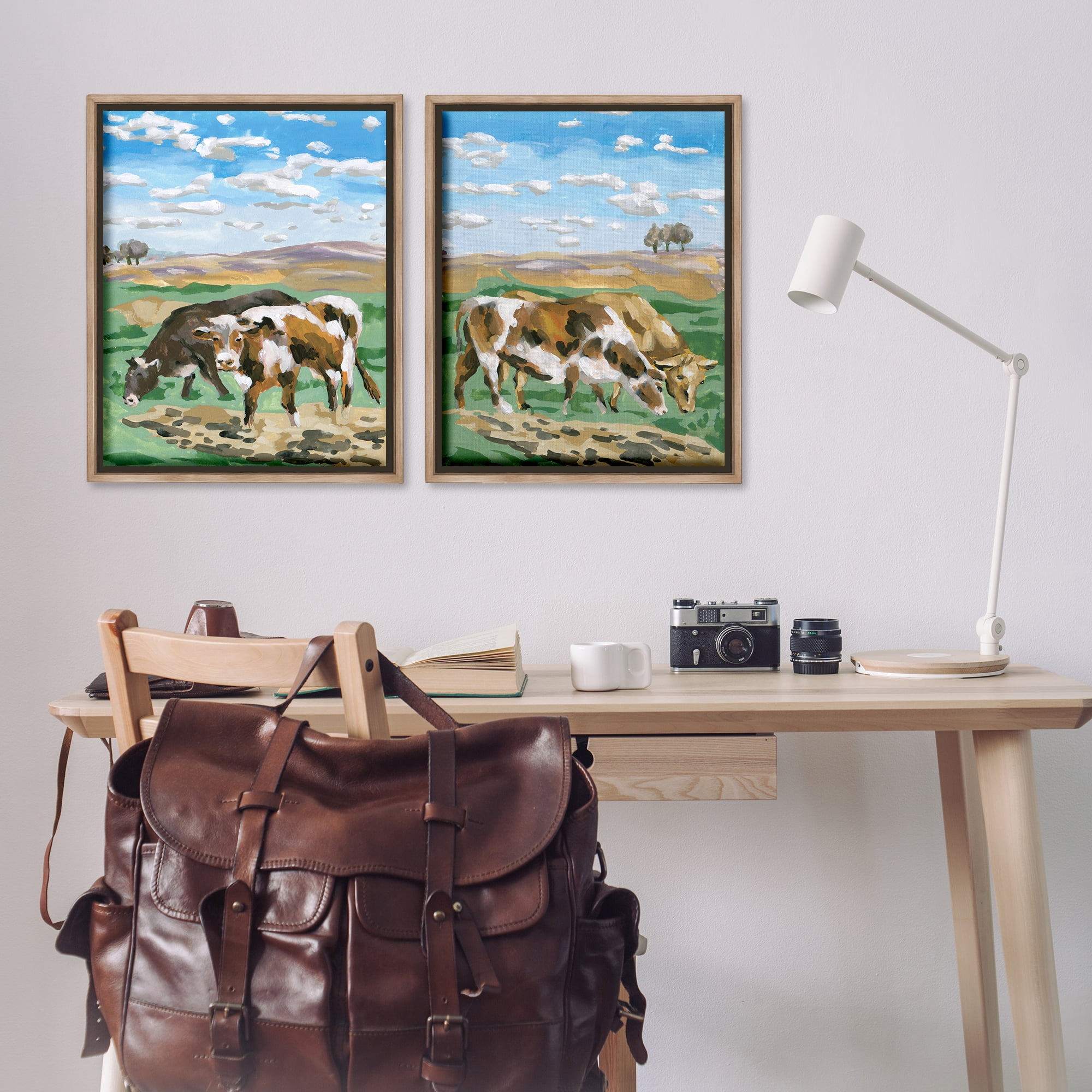 Stupell Industries Cows Grazing in Field Animals Painting Brown Floater Framed Canvas Art Print Wall Art, 31 x 25, Set of 2