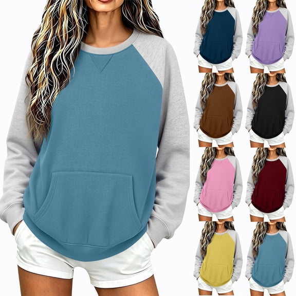 VBVC Women's Raglan Sleeve Crewneck Sweatshirt , Long Sleeve Pullover Top For Women , Ladies' Casual Color Block Hoodie with Pockets, Light Blue , S-2XL