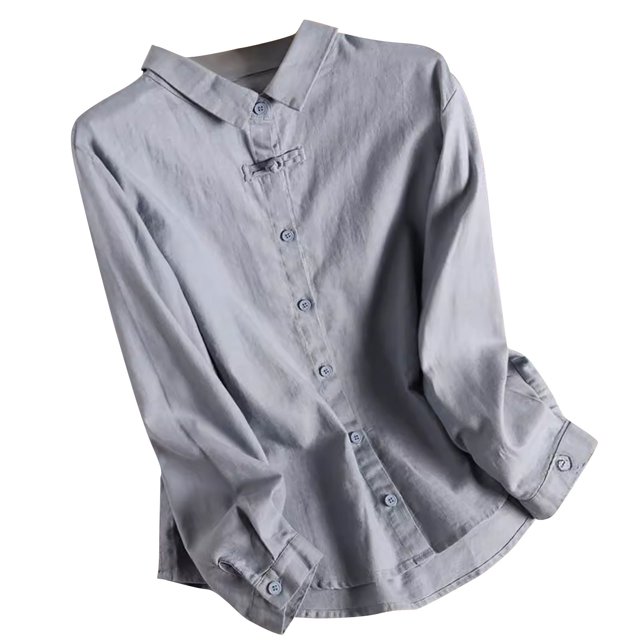 hotojiny Long Sleeve Shirt for Women Spring Clothes Cotton Linen Breathable Collar Solid Color Tee for Work Business