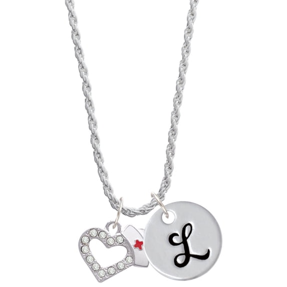Delight Jewelry Silvertone Small Crystal Heart with Nurse Hat Silvertone Script Initial Disc - L - Charm Necklace, 20"+3"