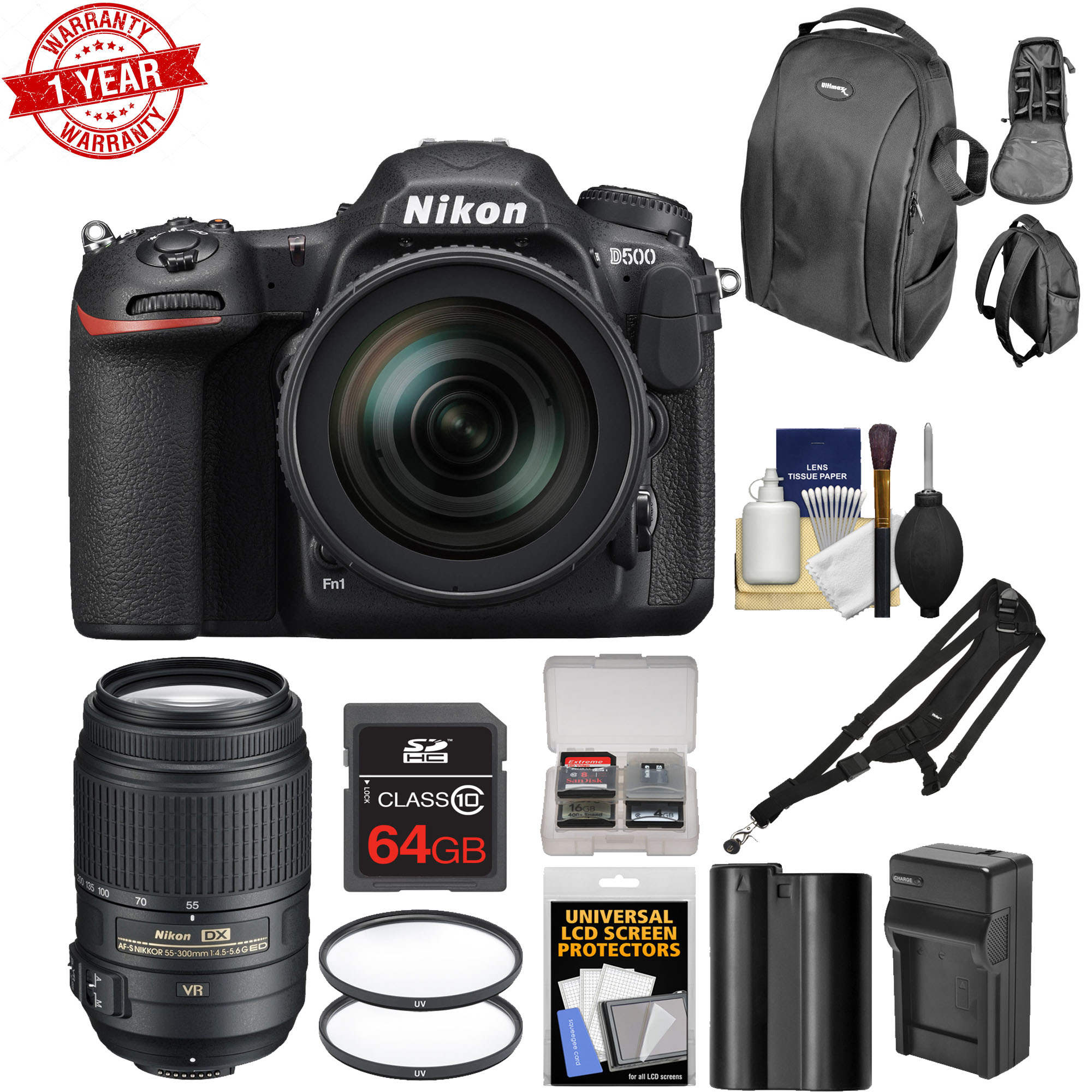 Nikon D500 Wi-Fi 4K Digital SLR Camera &amp;amp; 16-80mm VR Lens w/ 55-300mm VR Lens + 64GB Card + Backpack + Battery &amp;amp; Charger &amp;amp; More - image 1 of 1