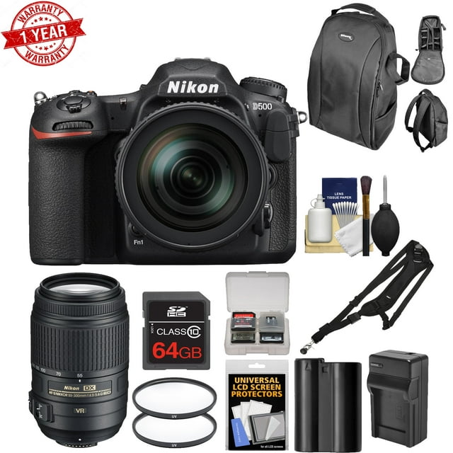 Nikon D500 Wi-Fi 4K Digital SLR Camera &amp;amp; 16-80mm VR Lens w/ 55-300mm VR Lens + 64GB Card + Backpack + Battery &amp;amp; Charger &amp;amp; More