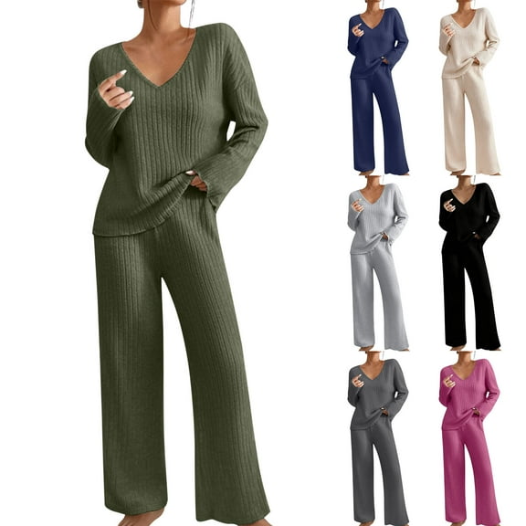 COMVALUE 2 Piece Sweater Sets For Women Dressy V Neck Long Sleeve Knit Sweater Wide Leg Pants Sweatsuit Fall Lounge Wear (Army Green, XXL)