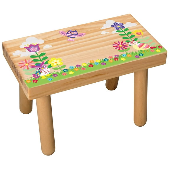 Children’s Wooden Step Stool, Flowers and Owls Design