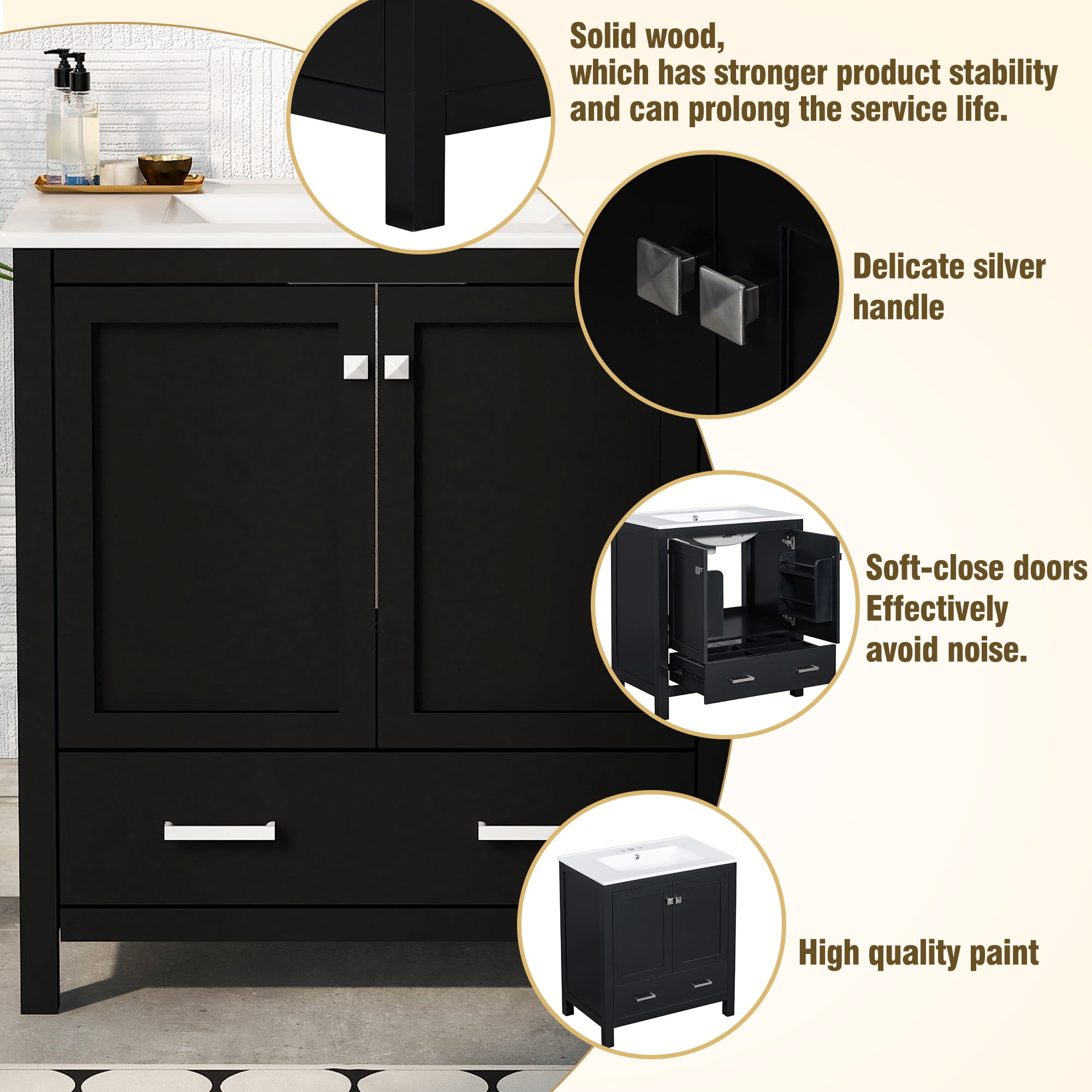 Bellemave 30" Bathroom Vanity with Single Sink, Wood Combo Cabinet Undermount Sink, Bathroom Storage Cabinet with 2 Doors and a Drawer, Soft Closing, Multifunctional Storage (Black)