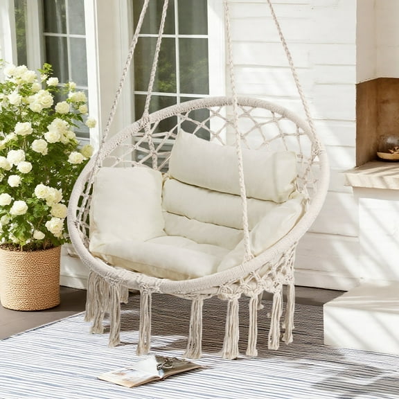 Melocadol Boho Macrame Swing Chair with Cushion, Hammock Hanging Chair for Adults, Perfect Indoor/Outdoor Lounging, Bedroom, Porch, Patio, Beige