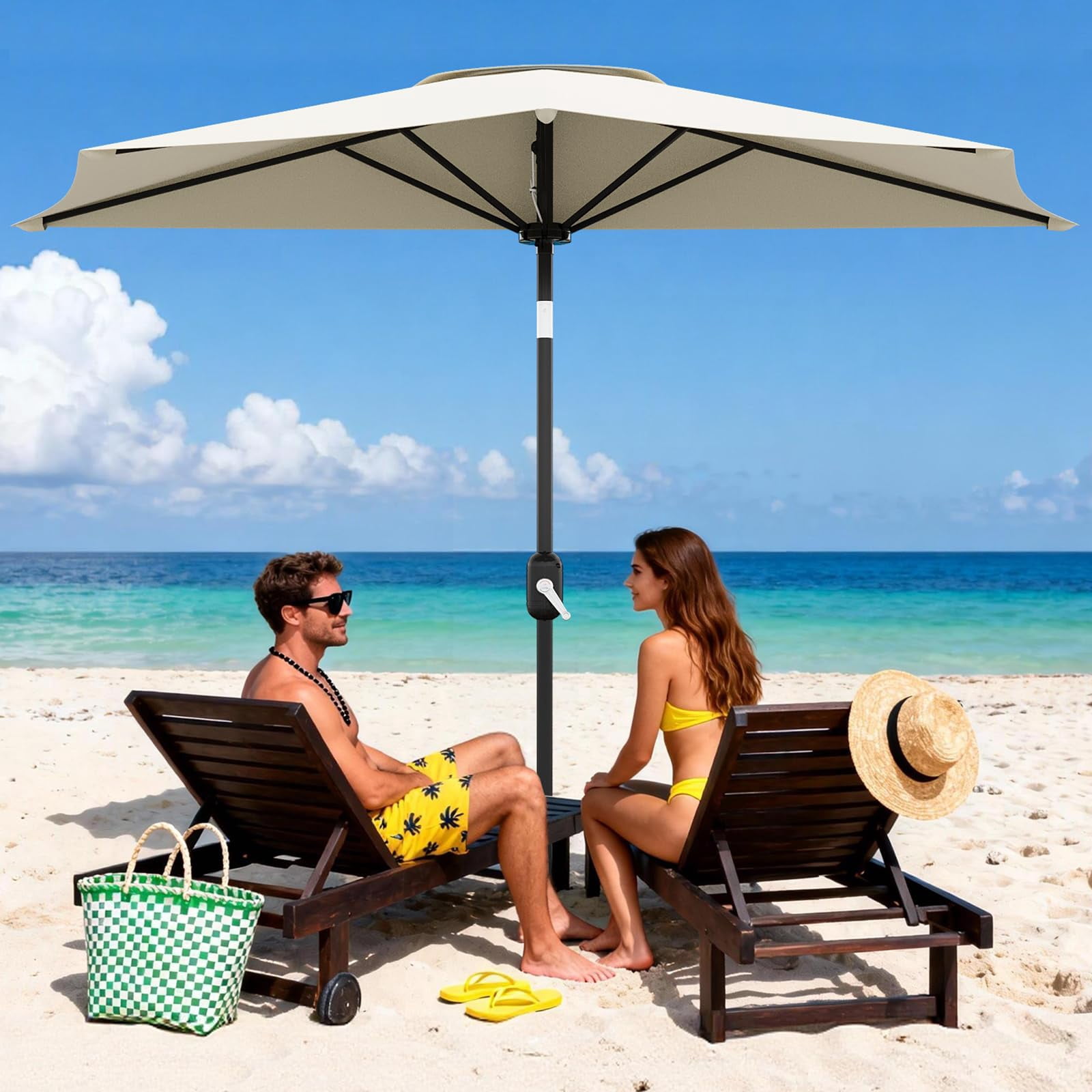 Senfot 9FT Half Patio Umbrella Outdoor, Smooth Crank Lift Shade Canopy, UV Resistant for Patio Backyard Garden Deck Balcony, Beige