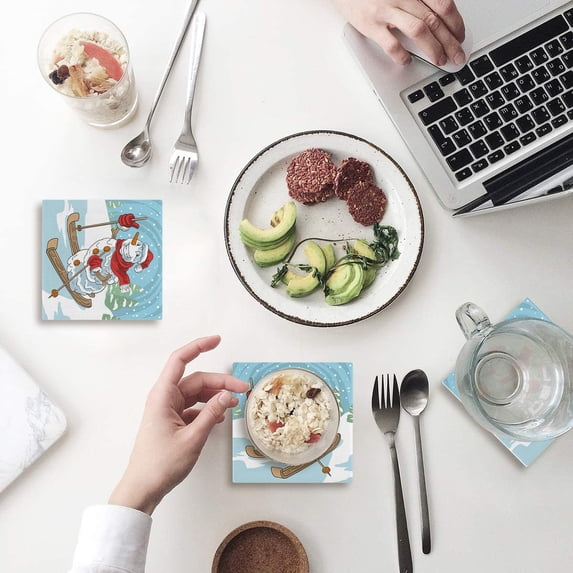 FMSHPON Merry Christmas Funny Skiing Santa Claus Set of 8 Coaster for Drinks, Absorbent Ceramic Stone Coasters Cup Mat with Cork Base for Home Kitchen Room Coffee Table Bar Decor