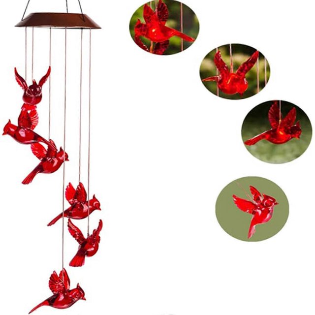 Red Bird Cardinal Solar Light Lighted WindChime for Yard Garden Lawn Patio Porch