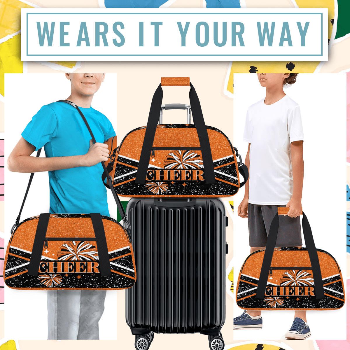Herdesigns Cheer Bags Sport Duffle Bag Orange Cheerleader Gym Bag Overnight Travel Bags Waterproof Weekender Bag Carry On Travel Tote Bag Dance Bags