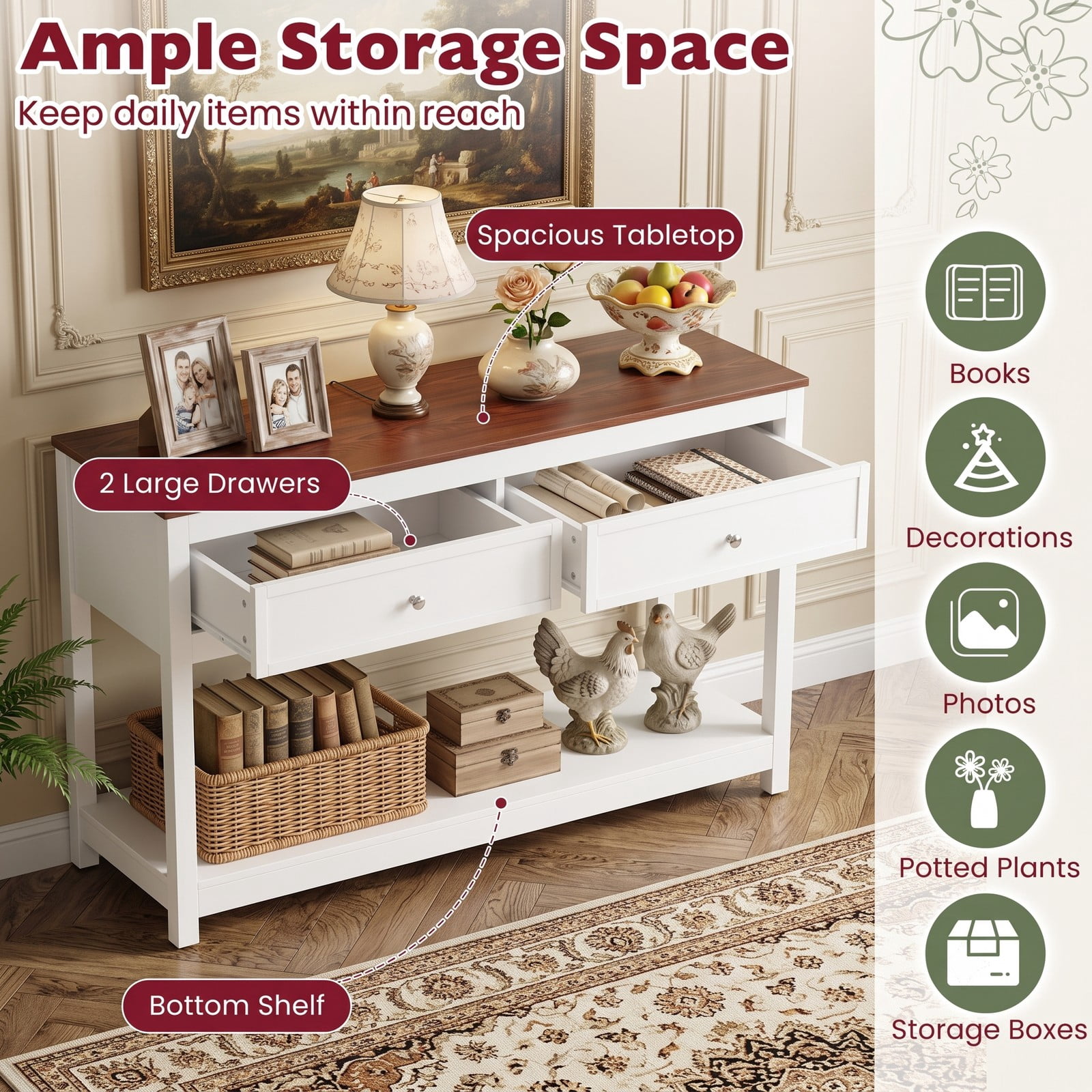 Furnibear Farmhouse Console Table with 2 Drawers and Open Storage Shelf and Two-Tone Wood Top for Entryway and Hallway, White
