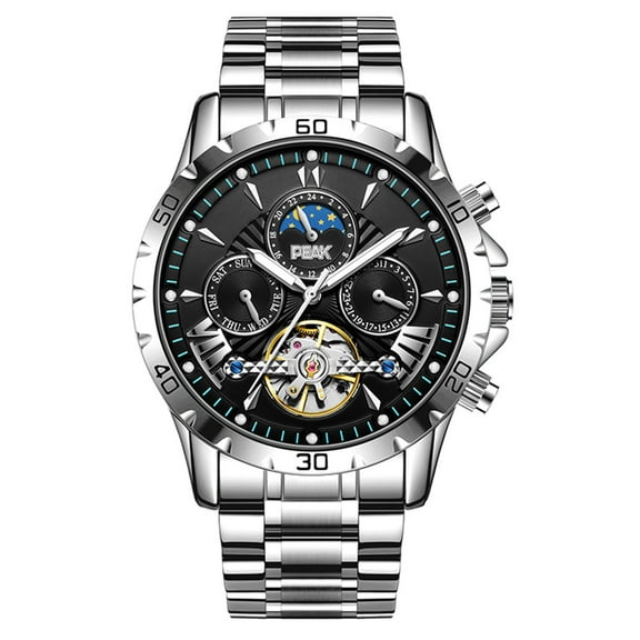 GZFCMY PEAK Skeleton Automatic Self-Winding Mechanical Movement Men Wrist Watch Business Stainless Steel Mineral Glass Mirror Waterproof Clock Man Luminous Moon Phase