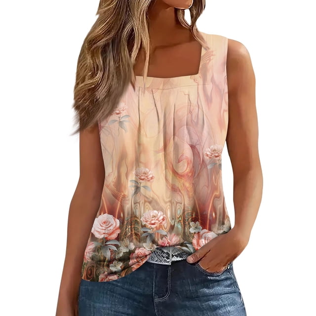 Camiseta con estampado de chaleco sin mangas con cuello cuadrado plisado para mujer jengibre/2XL