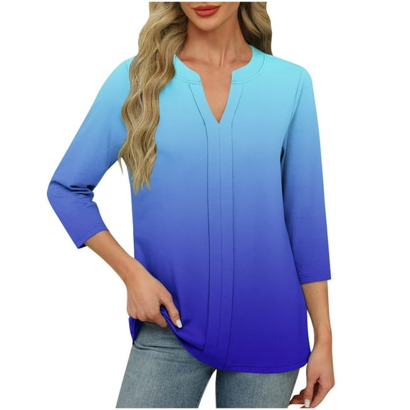 Fesfesfes Women's Fashion Tops Leisure Comfortable Three-Quarter Sleeve V-Neck T-Shirt Suitable for Fall Contrast Color Pullover Blouse(Blue,XL)