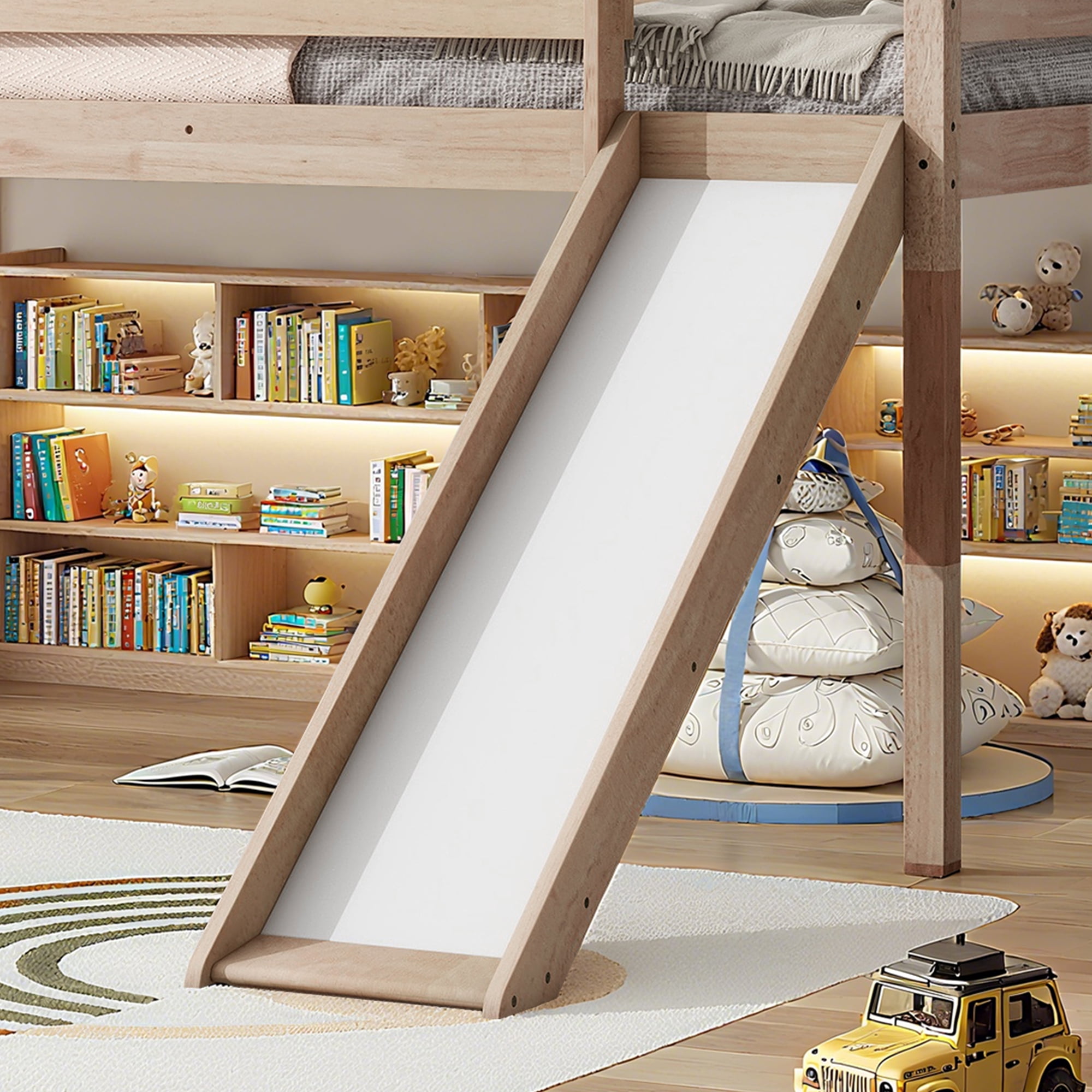 Miniyam Twin Size Kids Loft Bed with Slide, Guardrails, Light oak
