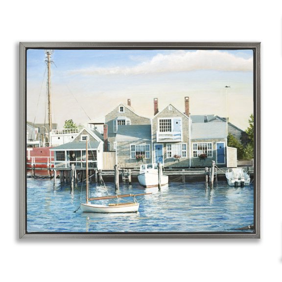 Stupell Industries Traditional Relaxing Boats Floating Harbor Marina Ocean Town Gray Floating Frame Canvas Art, 21 x 17, by Tom Mielko