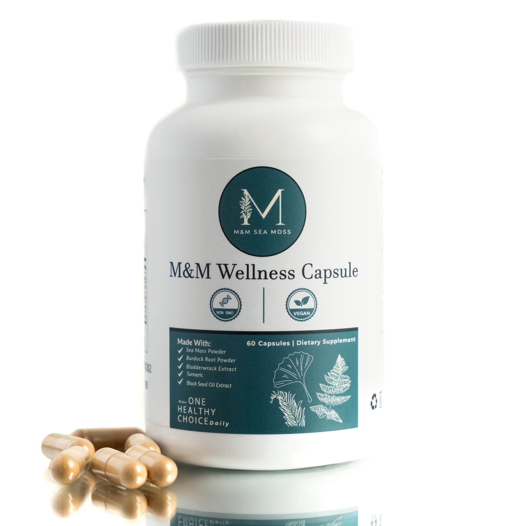 M&M Wellness Capsules – Sea Moss, Black Seed Oil, Turmeric, Bladderwrack & Burdock Root – 60 Capsules