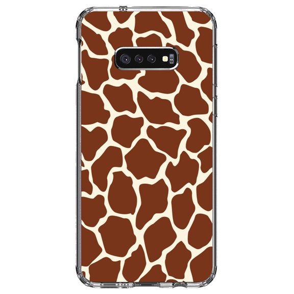 DistinctInk Clear Shockproof Hybrid Case for Samsung Galaxy S10e (5.8" Screen) - TPU Bumper, Acrylic Back, Tempered Glass Screen Protector - Brown Tan Beige Giraffe Skin Spots - Animal Print