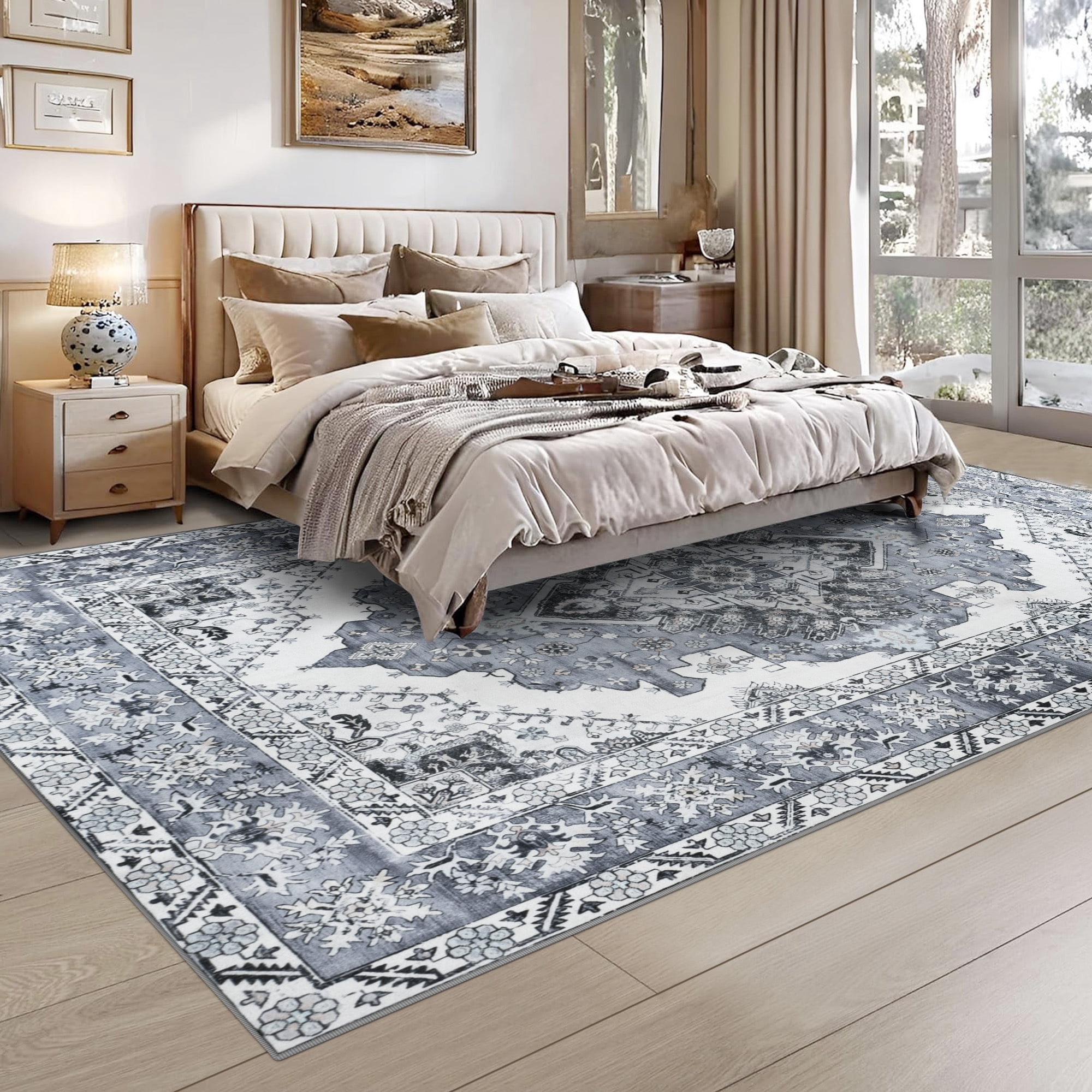Wondo 6x9 Gray Area Rug - Machine Washable Non-Slip Rubber Backing, Low Pile Vintage Carpet for Living Room Bedroom Kitchen Dining Office